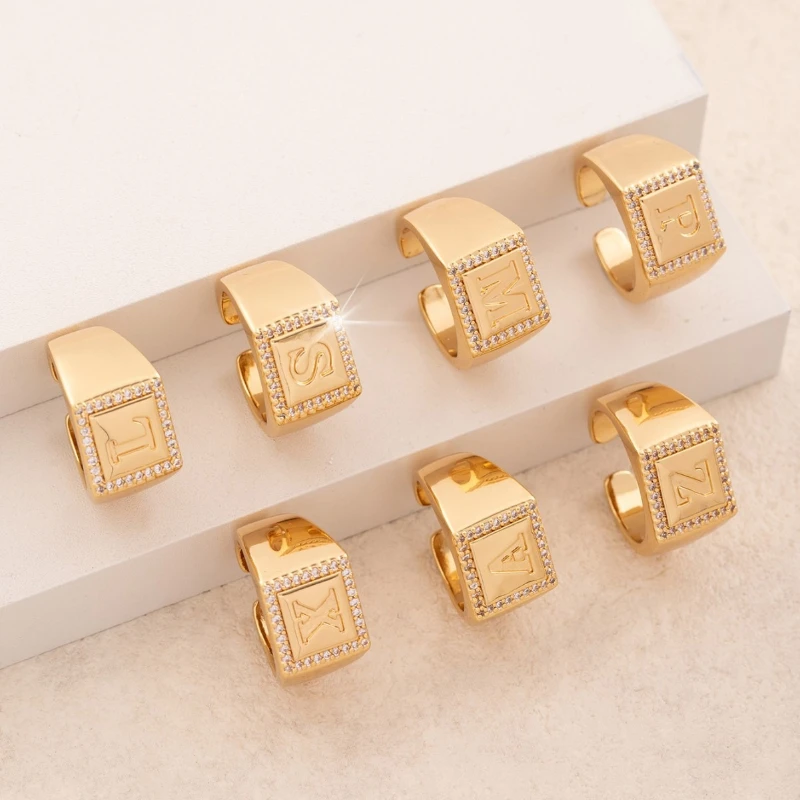 1 Pc Women Golden Square Letter Open Ring, Gold‑Plated Wide Adjustable Ring Pave zirconia Frame Embossed Letter