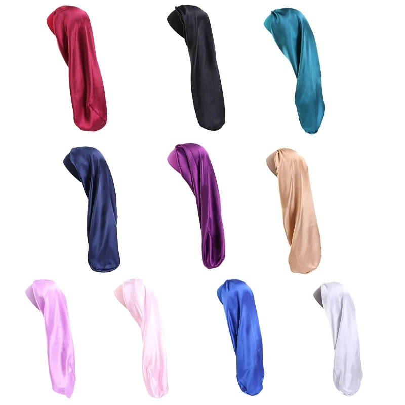 Women Men Silky Long Hair Sleeping Hat Elastic Wide Band Headwrap Bonnet