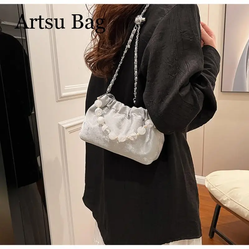 Pleated Chain Bag Girls Cloud Bag Black Silver Small Bag 2024 New Fashion Women Shoulder Crossbody Bag Pearl Dumpling Bag