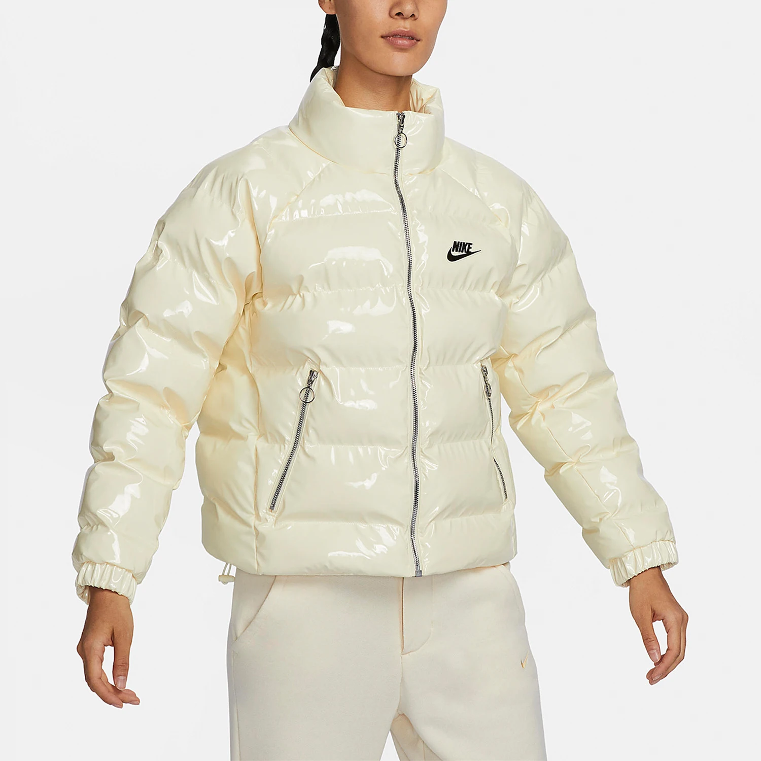 Nike genuine winter women's simple, warm, loose, glossy patent leather cotton jacket FQ3575-113