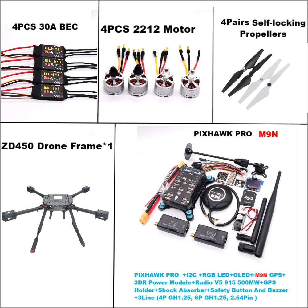 PIXHAWK PRO Control de vuelo fibra de carbono 450 marco FPV 2212 Motor ESC Ardupilot 100MW Radio telemetría Quadcopter BLHELI 30A