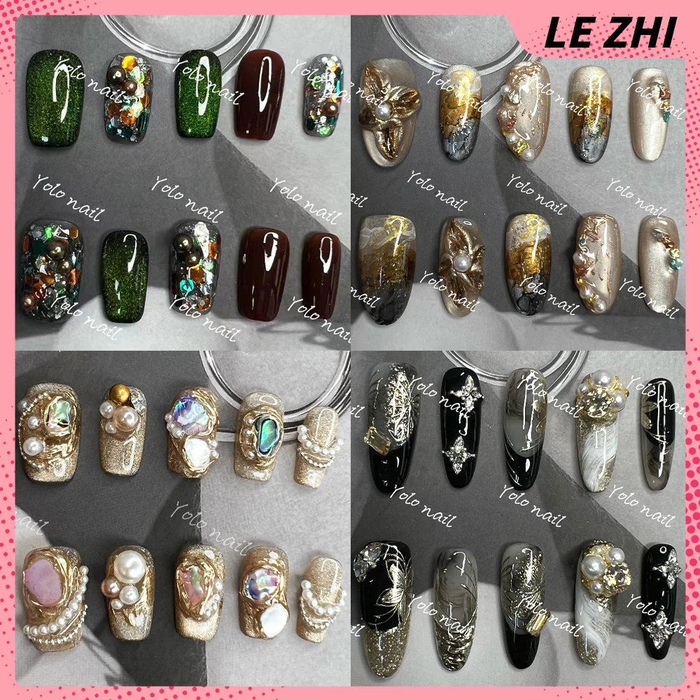 

10Pcs High Quality Luxury Short Handmade Press On Nails Gold Glitter Cat Eyes Pearl Wearable Ellipse Full Cover Acrylic Nail