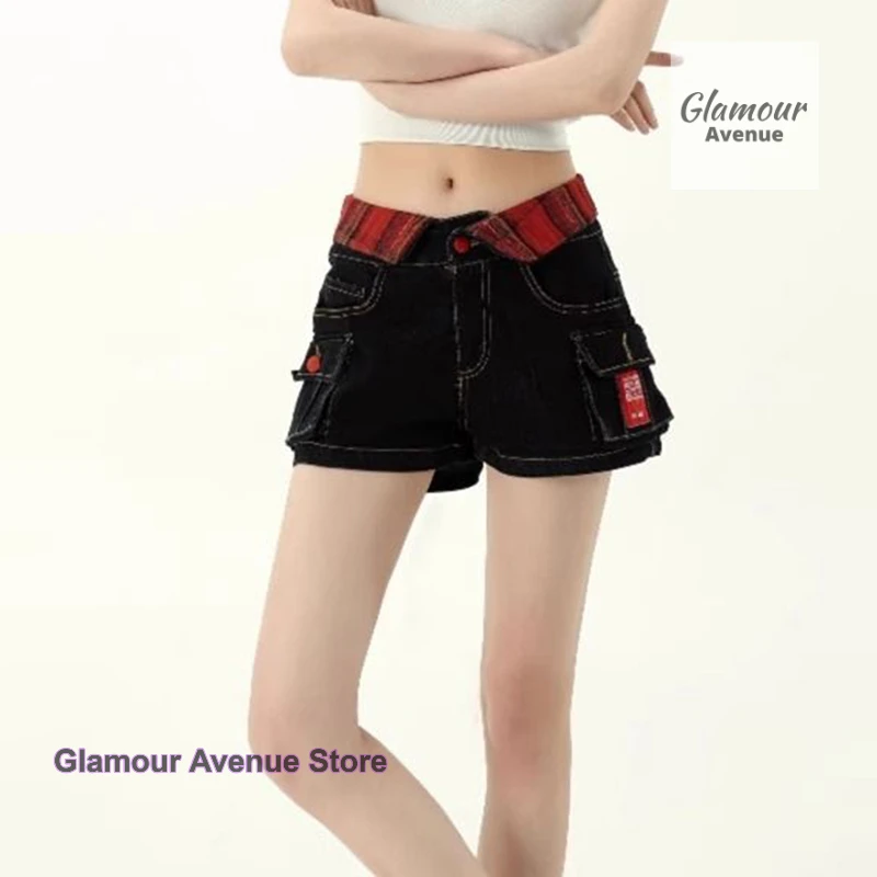 

American Dopamine cartoon cat stitching plaid embroidered denim shorts women's summer design sense spice girls super shorts.