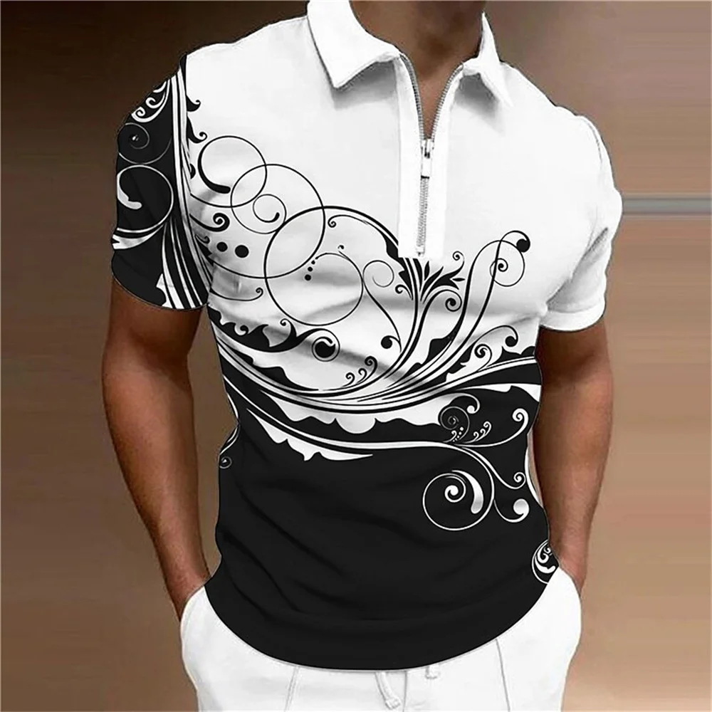 Fashion Zipper Polo Shirt For Men Floral Printed Daily Casual Short Sleeved Loose Oversized Shirt High Quality Men\'S Clothing