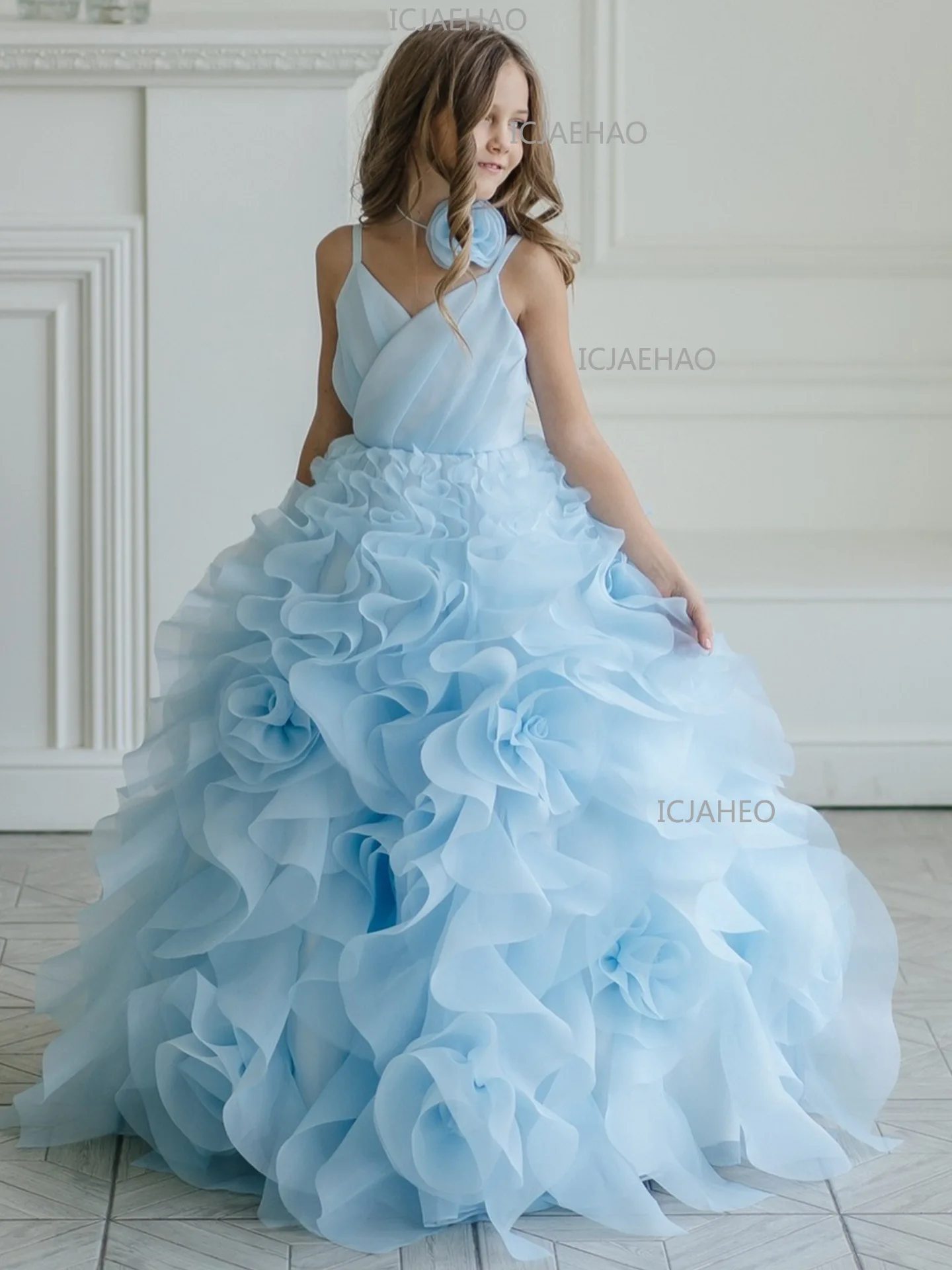

Children's Dress 2026 New Blue Tulle Cake Skirt Model Catwalk Girls European American Princess Dress Birthday Party Dress
