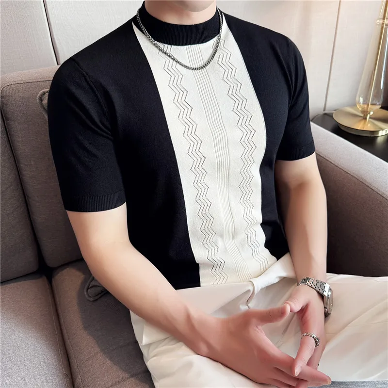 2025 Summer Ice Silk Knitted Hollow Striped Short Sleeved T-shirt Men Elastic Round Neck Slim Fit Casual T-shirt men clothing