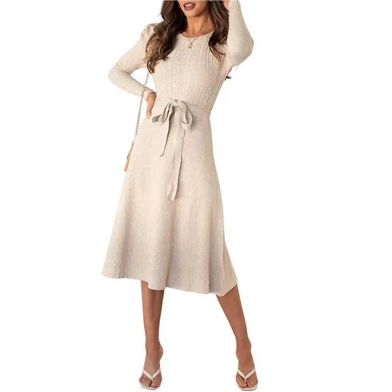 ABP-Women's Long Sleeve Crewneck Tie Waist A-Line Swing Casual Bodycon Ribbed Knit Fall Sweater Dress