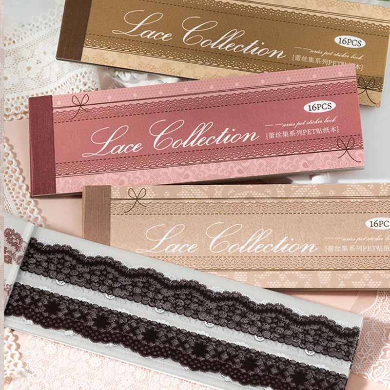 Mr. Paper Lace Collection PET-Aufkleber, 16 Blatt – Florales Washi-Tagebuchzubehör, lasergeschnittenes Hintergrundpapier, literarische Aufkleber