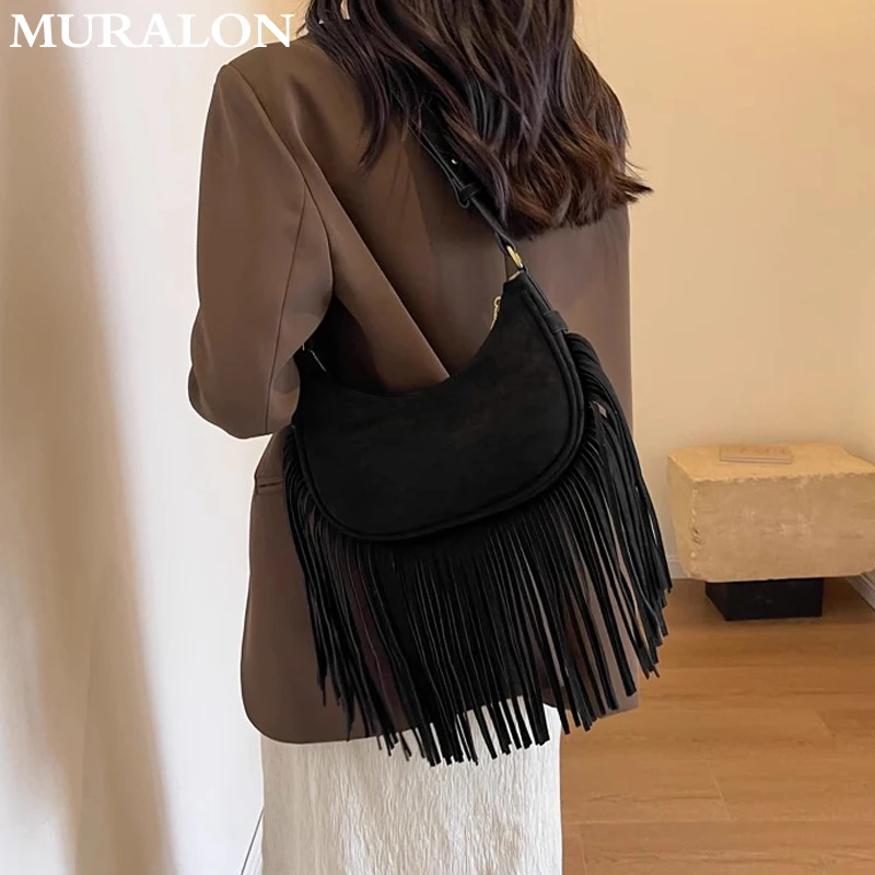 Suede Leather Tassel Shoulder Bag 2024 New Niche Design Vintage Crossbody Saddle Bag Fashion Female Shopping Armpit Bag Handbags