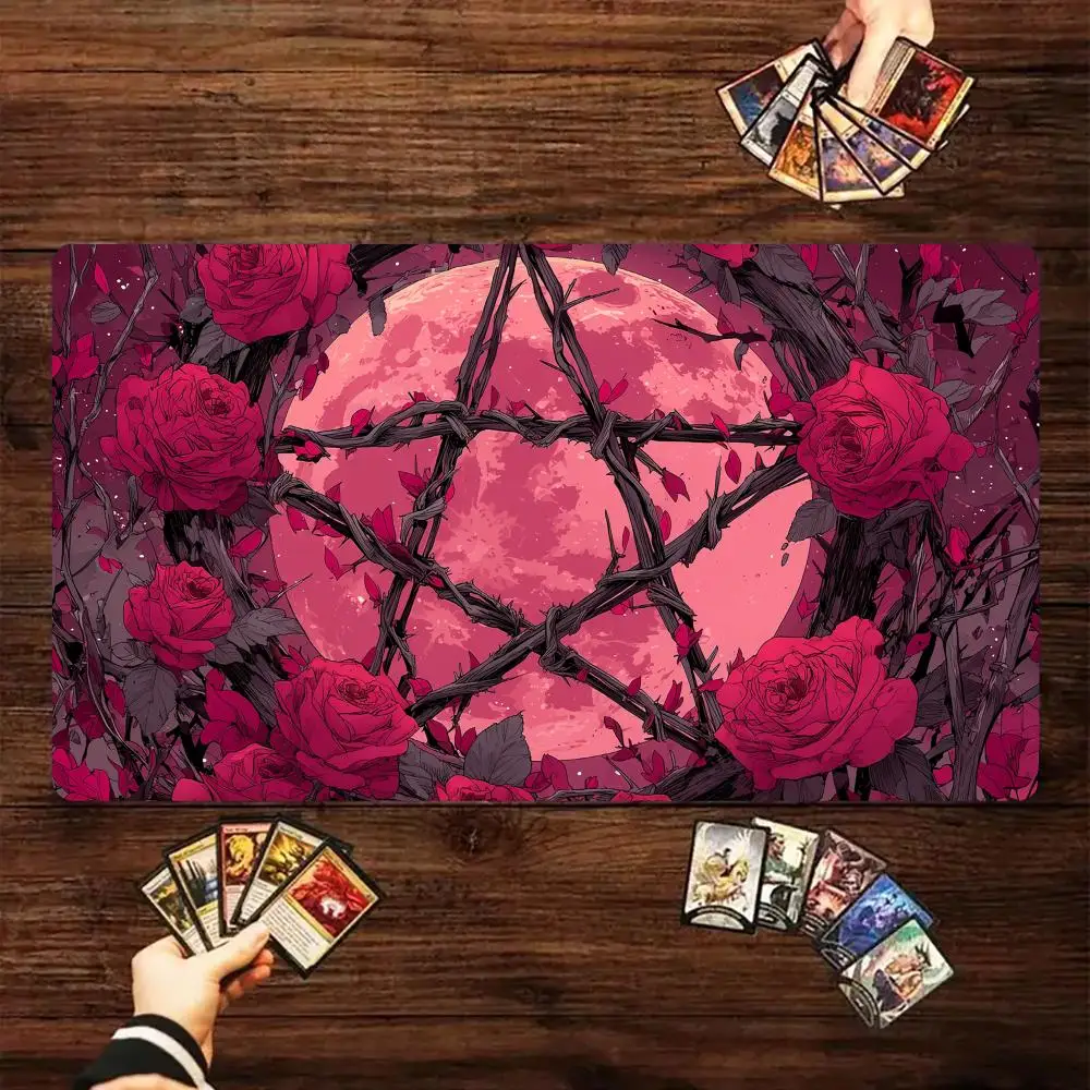 Romantic Flowers and Red Moon Magic Card Playmat with Zone TCG Playmat Gathering Game Mat Desk Mat Commander Battle Playmat