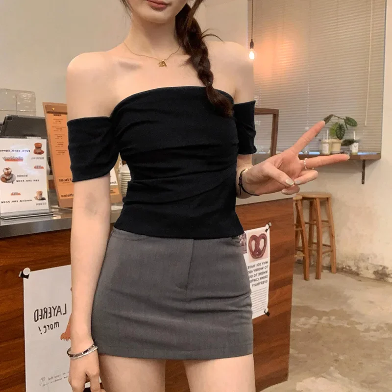 NICE Sexy Short Sleeve Shoulder Bared Slim Fit T Shirt For Women Summer New Korean Style Pure Desire Spicy Girl Tube Top