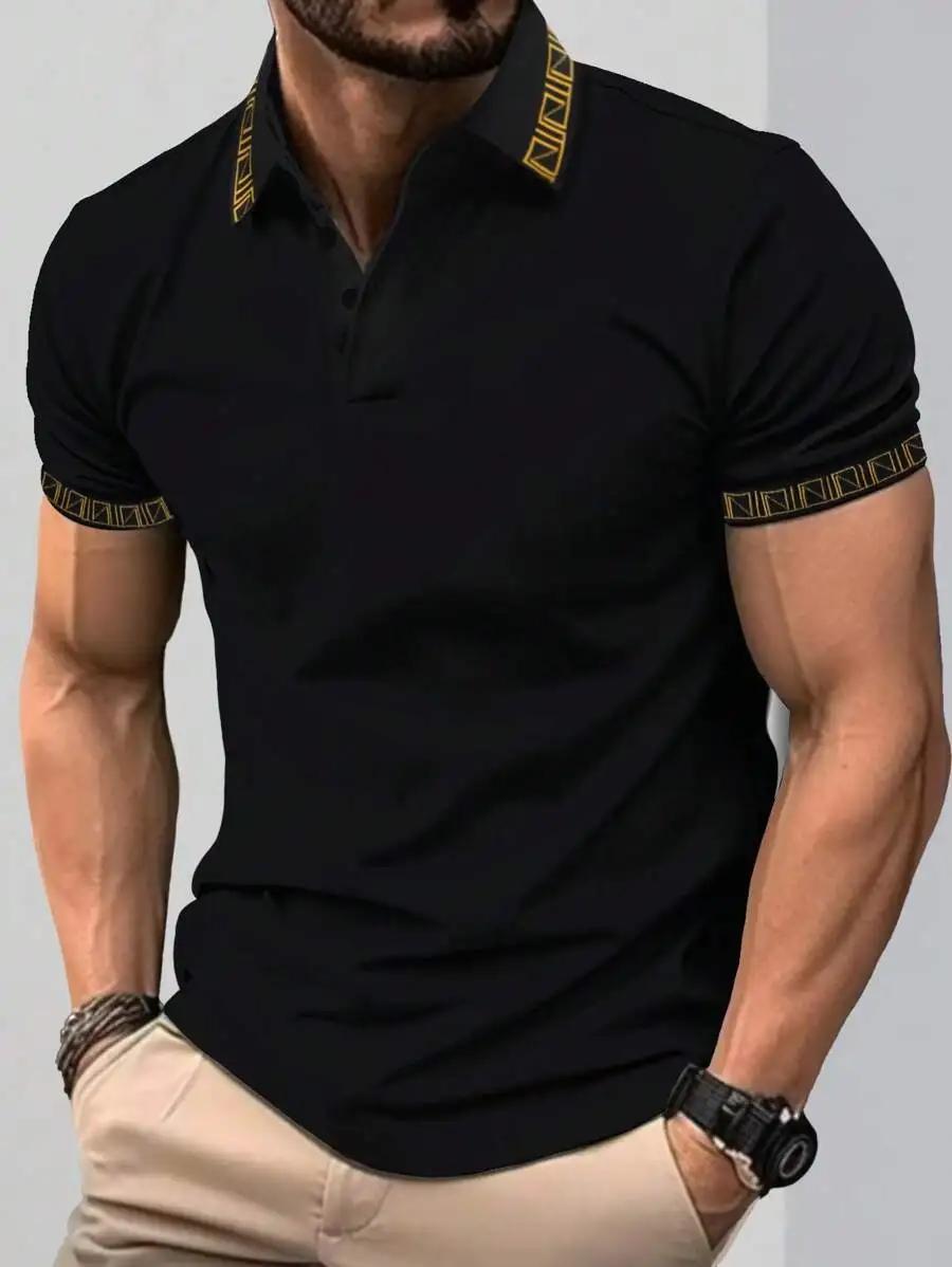

Men's Black Solid Short Sleeve Polo Shirt with Geometric Trim Collar and Cuffs