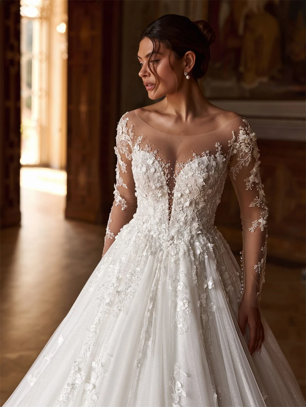 

Customized Dreamy White Organza Wedding Dress Boho Scoop Long Sleeves Robe de mariée Sexy A-Line Chapel Train Vestido De Novia