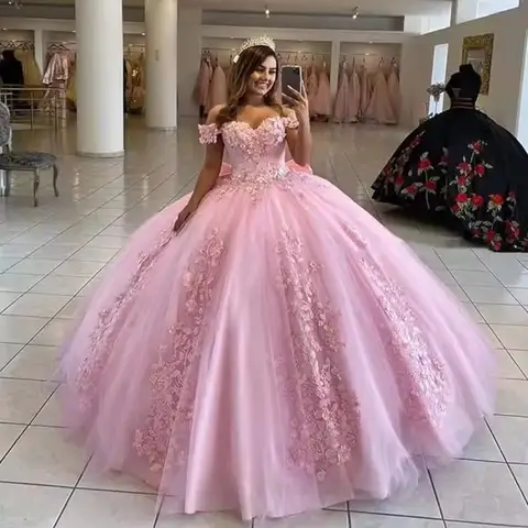 Bomaris Pink Ball Gown Quinceanera Dresses Off-Shoulder Vestidos De 15 Anos Vintage Lace Appliques Birthday Party Customized