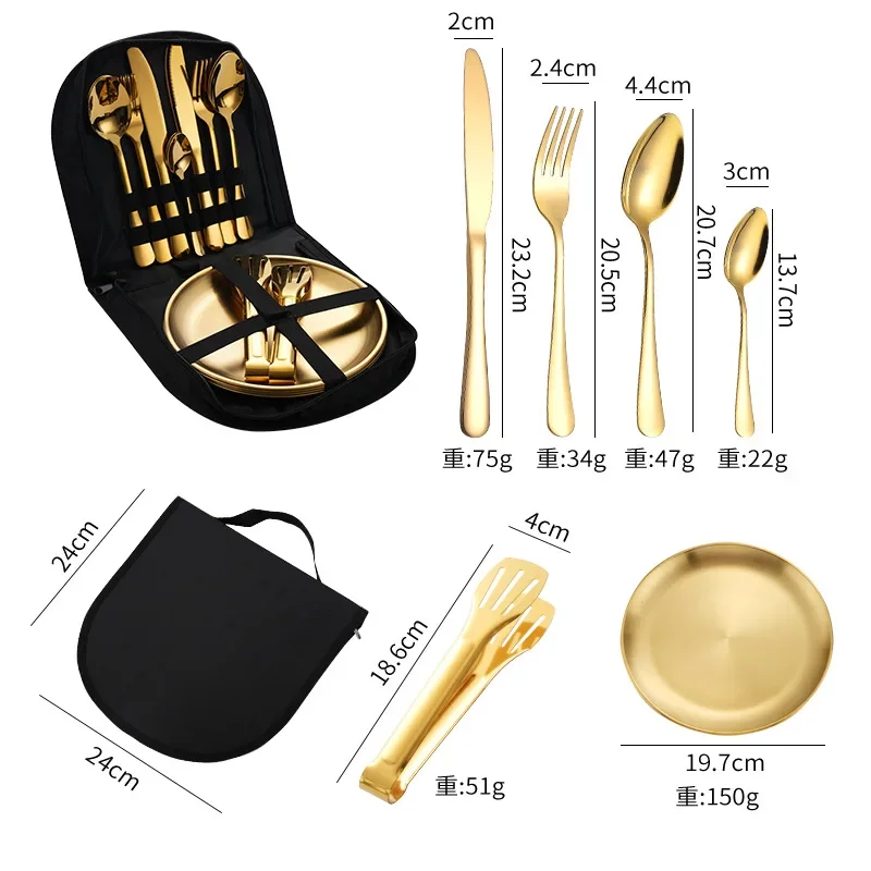 Golden Stainless Steel Outdoor Camping Cutlery Organizer, Portable Set, Spoon, Knife, Fork, Tongs, Hiking, Picnic Cookware