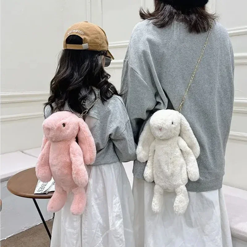 Long Ear Rabbit Doll Fashion Imitation Rex Rabbit Fur Bag Plush Backpack Chain Strap Children's Bag Chain Crossbody Bag Knapsack