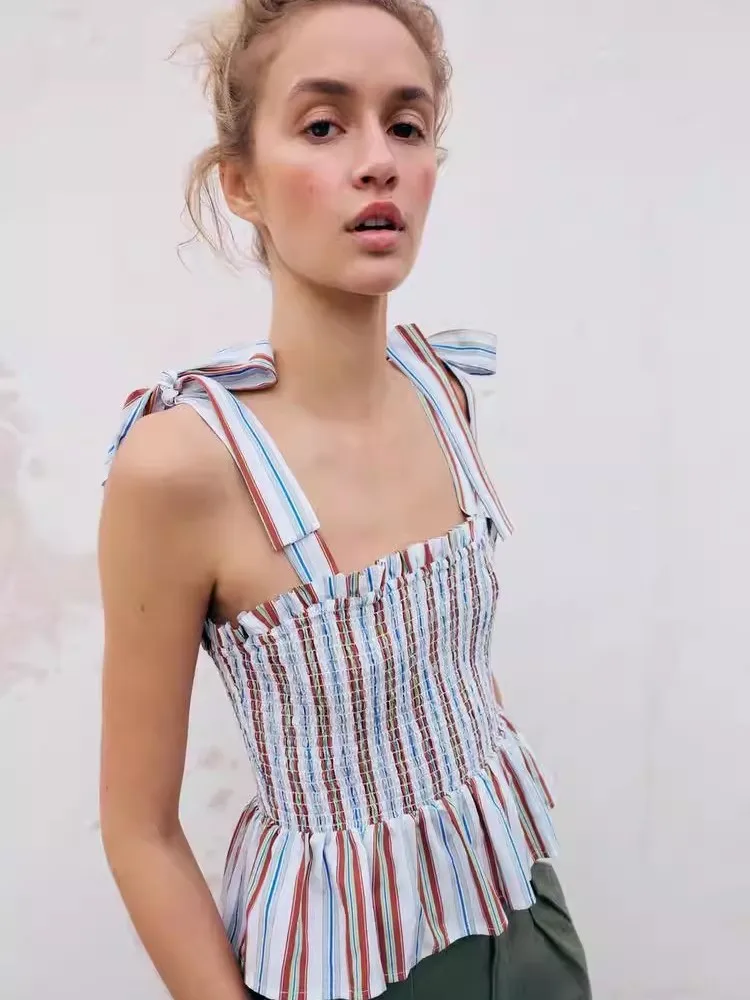 

Весна 2026: Новая женская модная блузка с завязками, прямым воротником, в полоску, с узором «соты», на эластичных бретелях, приталенная, укороченная