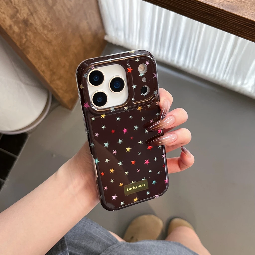 

Милый красочный стереоскопический блестящий звезды коричневый фон противоударный защитный чехол для телефона для iPhone 17, 16, 15, 14 Pro Max