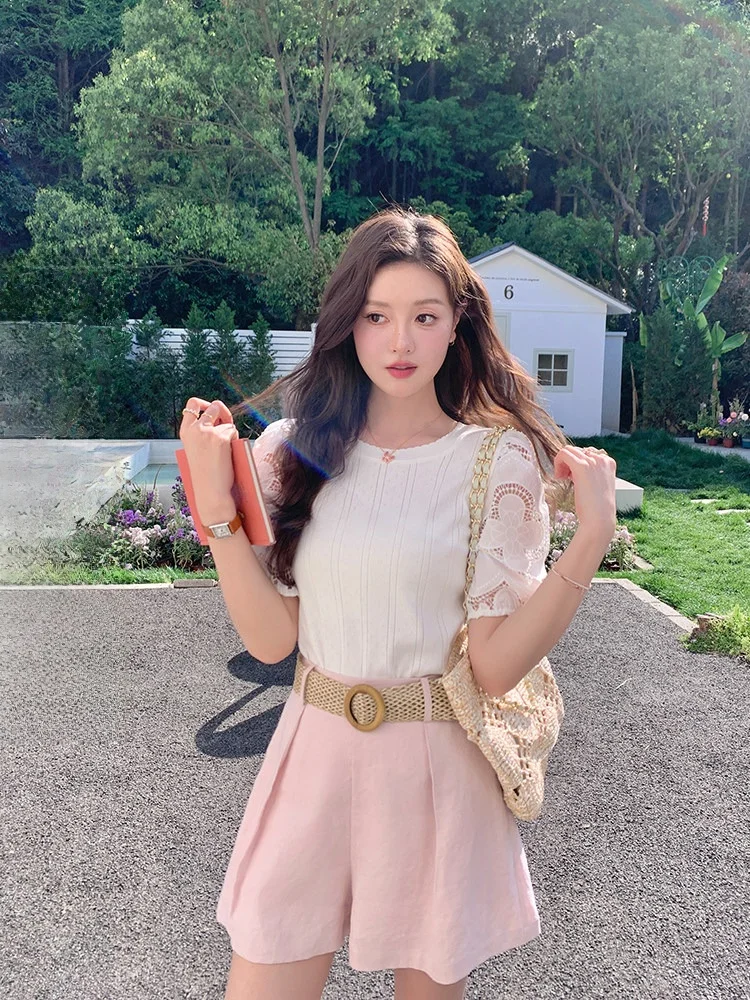 

Комплект футболок Rational Romantic Lace Bubble Sve, лето 2023, новые хлопковые длинные брюки, круглые женские брюки Ne ort Sve...