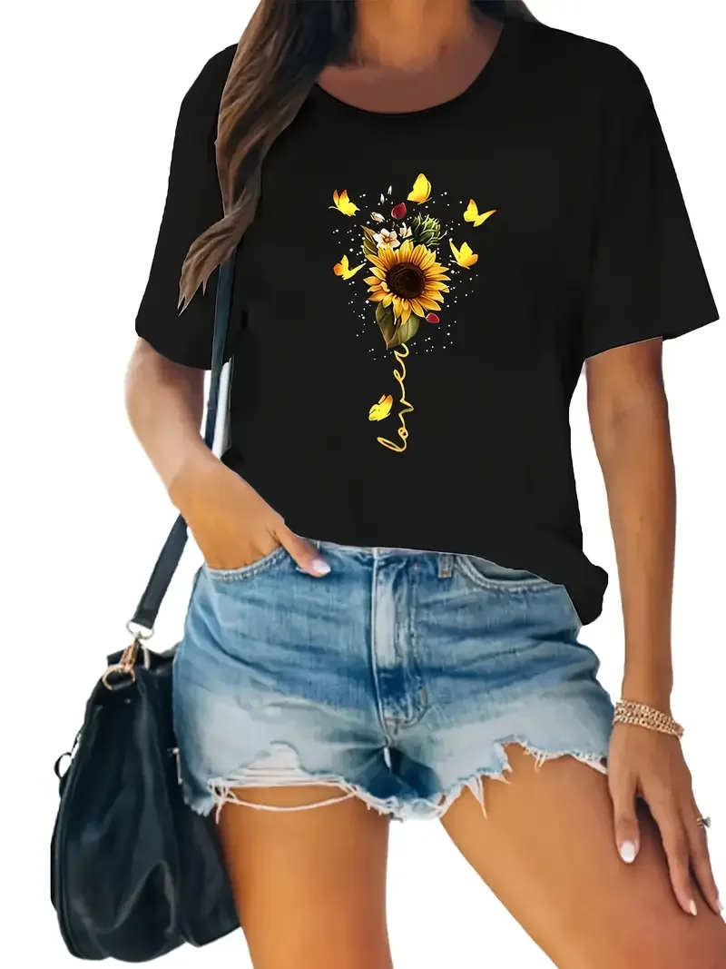 Sunflower Golden Butterfly Valentine's Day Printed Short Sleeved Casual Women's Fashion Women's Pattern T-shirt