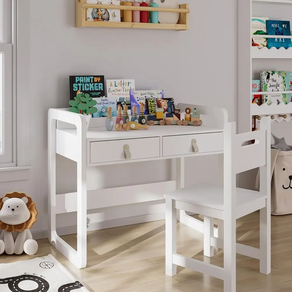White Wooden Kids Study Desk with Drawers, Children's Writing Table Set for School and Home