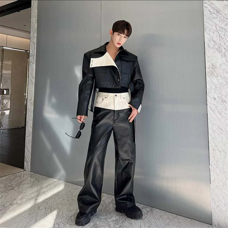 2023 Niche design sense of color denim matching leather pants men straight leg slacks Korean version of men's casual pants tide