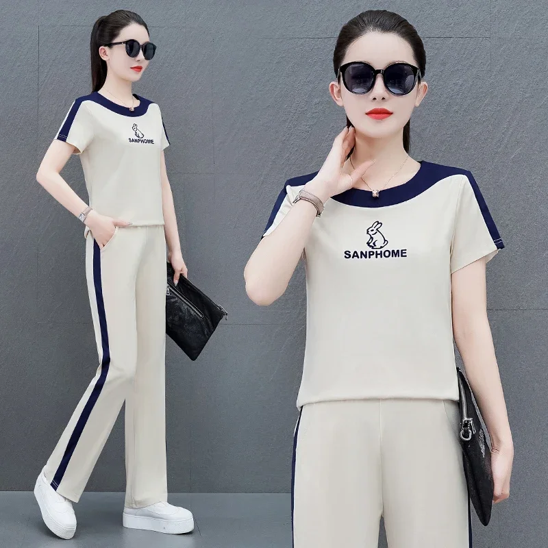 

Ensemble Femme 2 Pièces Summer Casual Sportswear Suit Women Short-sleeved Round Neck Running Suit TShirt and Pant Two-piece Set