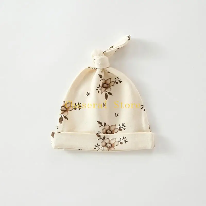 

E7CE детская мягкая хлопковая шапка, милая шапочка с хвостиком и узлом, шапочка с цветочным принтом для новорожденных мальчиков