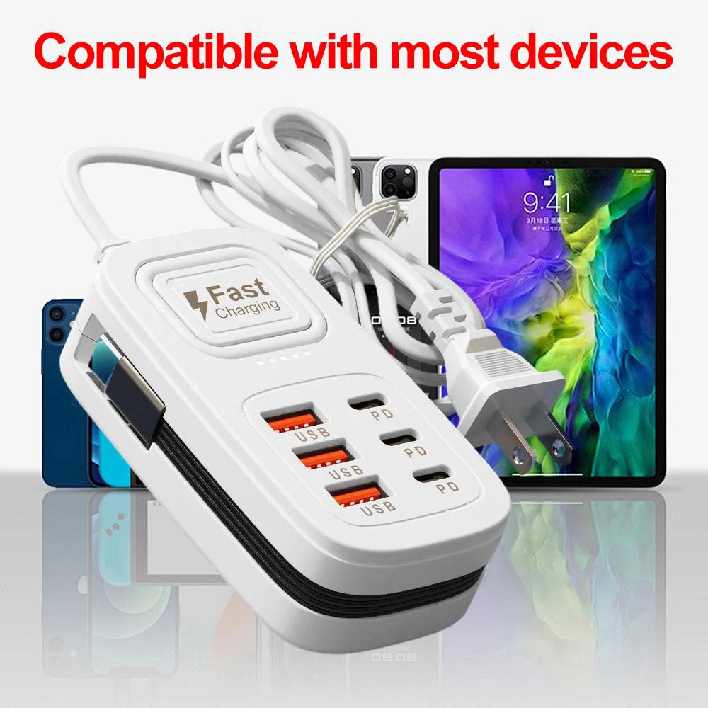 6 in 1 Desktop Charging Station USB Fast Charger Power Strip Type C Multifunctional Charging Adapter EU US UK Plug Charge Socket