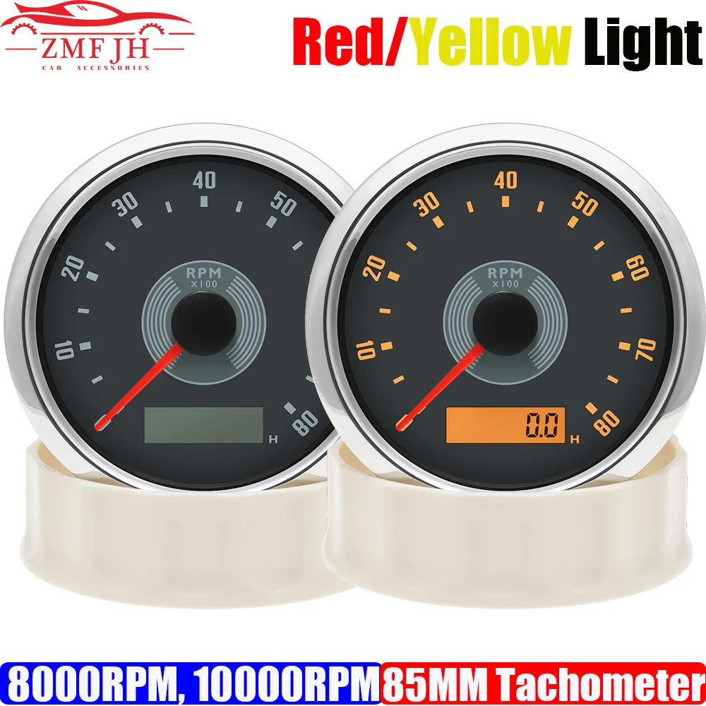 ZMFJH Retro Vintage Pointer Tachometer 8000RPM,10000RPM 85mm Tachometer Red/Yellow Backlight for Auto Car Boat Yacht Waterproof