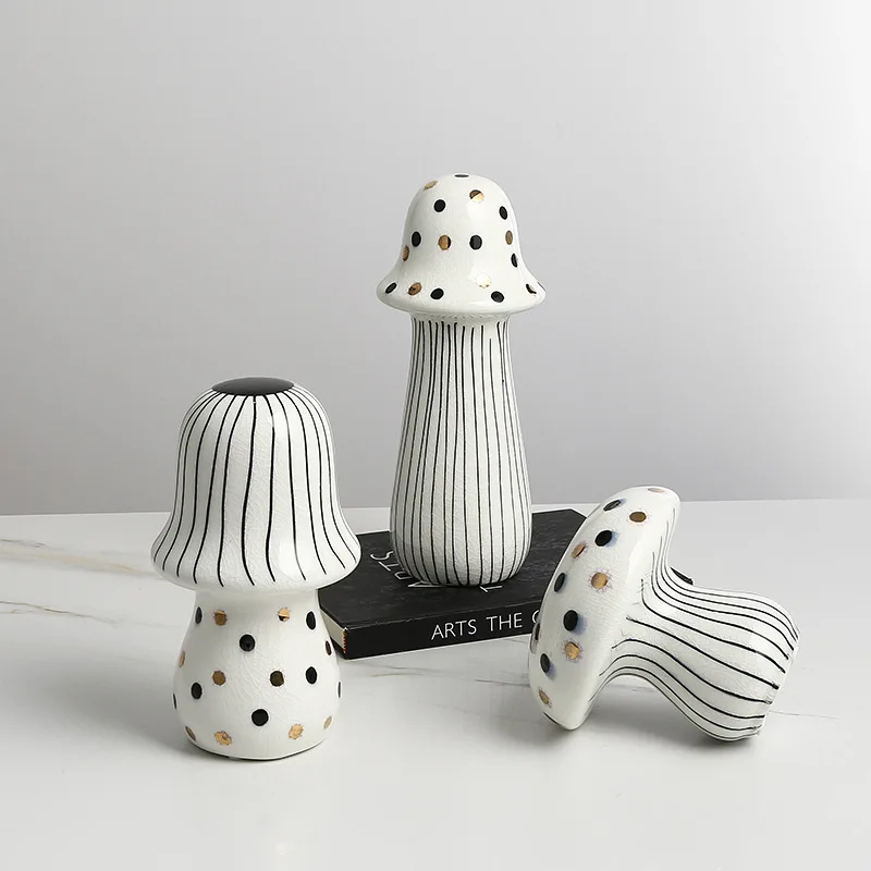 Nordic Modern Hand-Painted Ceramic Mushroom Statue, Polka Dot Sculpture for TV Cabinet Wine Showcase Designer Home Decor