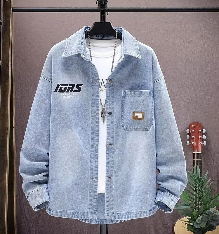 

Retro American Blue Denim Jaet Men's Spring Autumn Loose Waed Workwear irt Stand Fit Long Sve Outerwear