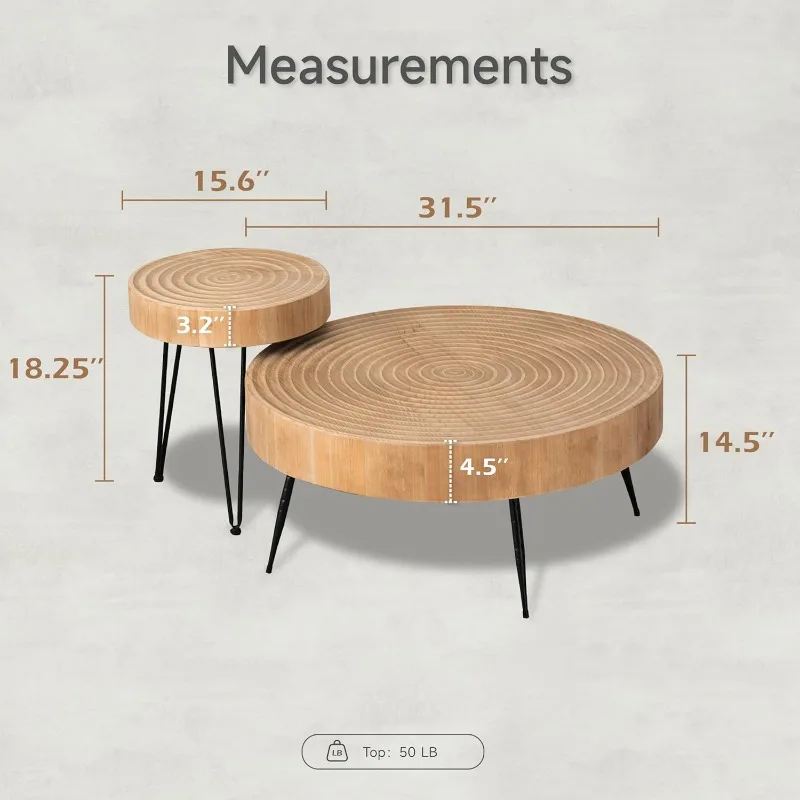 2-Piece Modern Farmhouse Living Room Coffee Table Set, Nesting Table Round Natural Finish w/ Handcrafted Wood Ring Motif,Natural