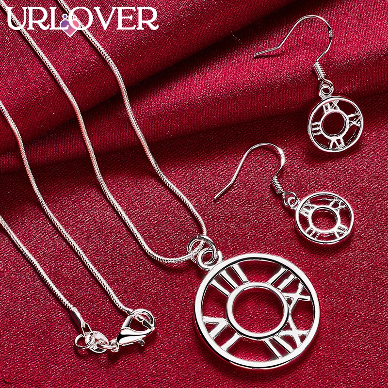 

URLOVER 925 Sterling Silver Circular Roman Numeral Chain Necklace Earring Set For Woman Party Wedding Jewelry Lady Birthday Gift