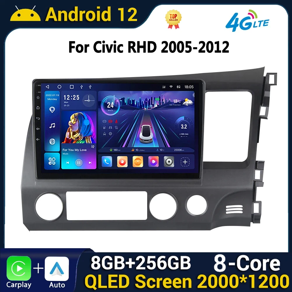 

Автомагнитола на Android, мультимедийный проигрыватель для Honda Civic 2005-2012 RHD 8G + 256G, мультимедийный видеоплеер, головное устройство для Carplay, автостерео AM