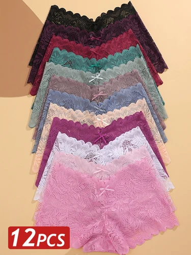 12 Uds. Bragas sexis de encaje para mujer, pantalones cortos con cintura en V, bragas nuevas de Color sólido, ropa interior femenina de tiro bajo, lencería suave transpirable