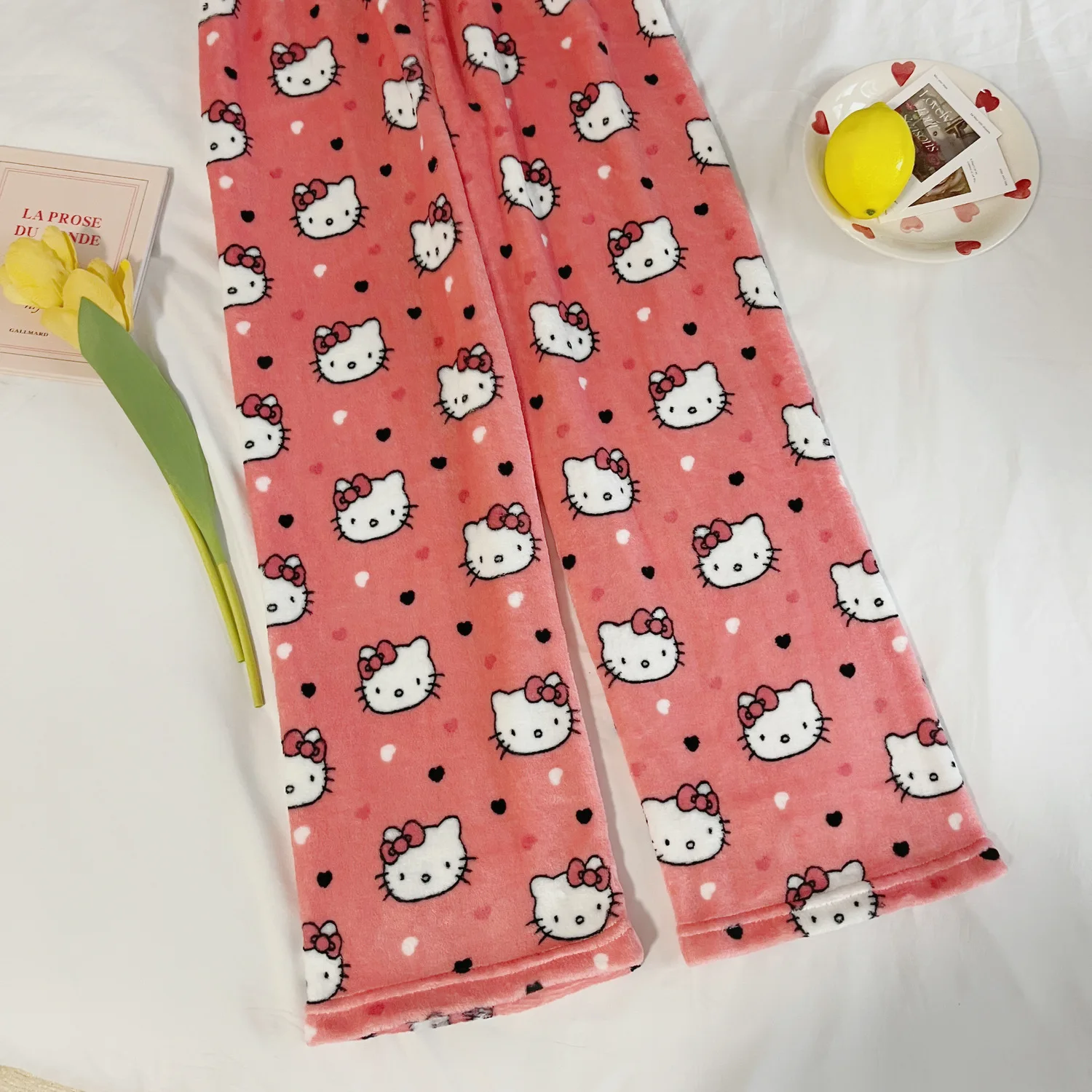 Halloween Bat Star Trendy Hello Kitty Plush Flannel Pajama Pants for Women Autumn Winter Cute Fuzzy Casual Home Graffiti Pants