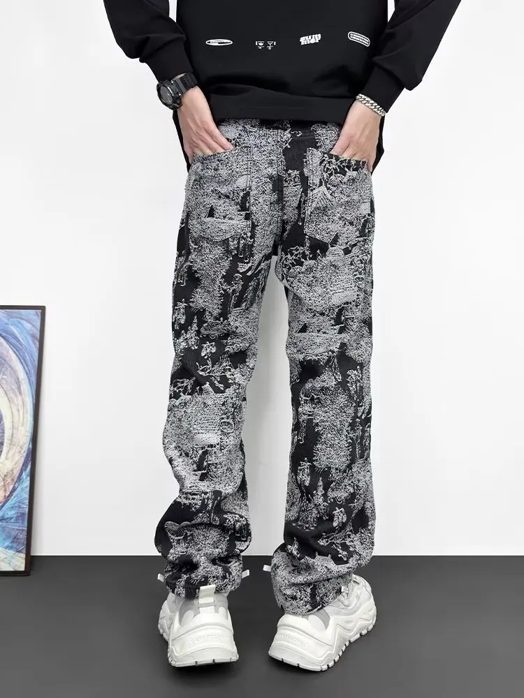American Style Vintage Men's Straight-Leg Wide-Leg Jeans Casual Streetwear Loose-Fit Distressed Printed Pants