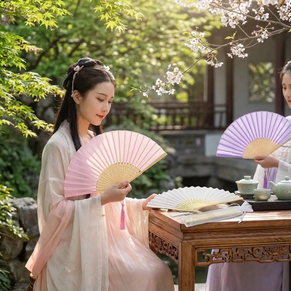 Chinese Style Folding Fan Wear Resist with Organza Bag Silk Hand Fan with Tassel Cooling Tool Bamboo Hand Fan Bridal Shower