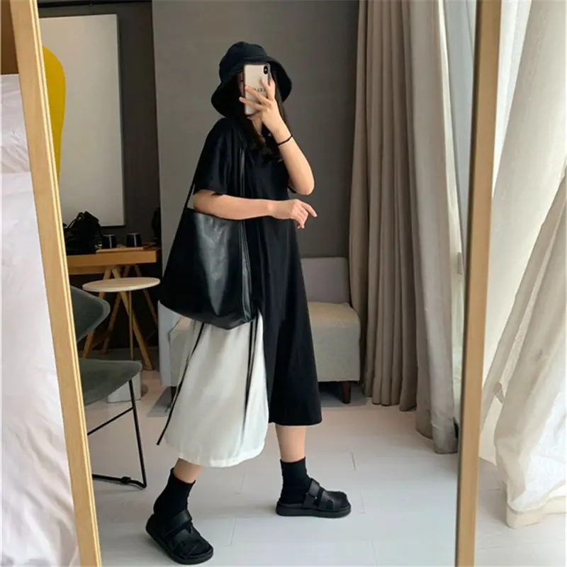 Summer Loose Black White Contrast T Shirt Dress Short Sleeve Irregular Fake Two Piece Casual Dresses Fashion Trend Women Clothes