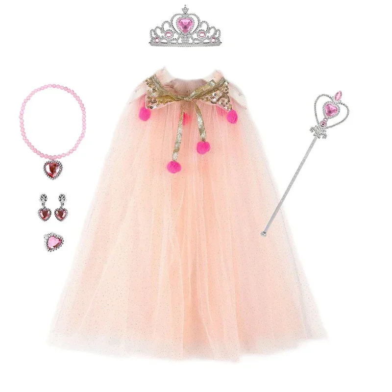 Girl Princess Costume Kids Party Accessories Cloak Crown Wand Necklace Earrings Rings Set Elsa Anna Rapunzel Aurora Tulle Cape G