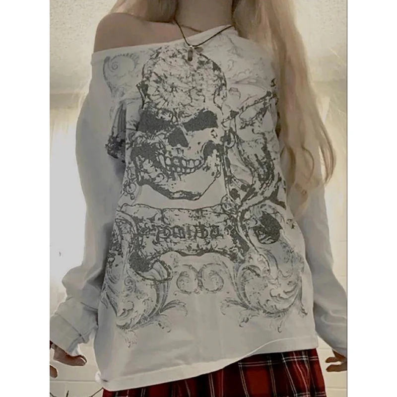 Women Y2K Oversized T-shirt Grunge Fairy Tops Tshirts Femme Halloween Long Sleeve Off Shoulder Skull Print Casual Fall Tees New