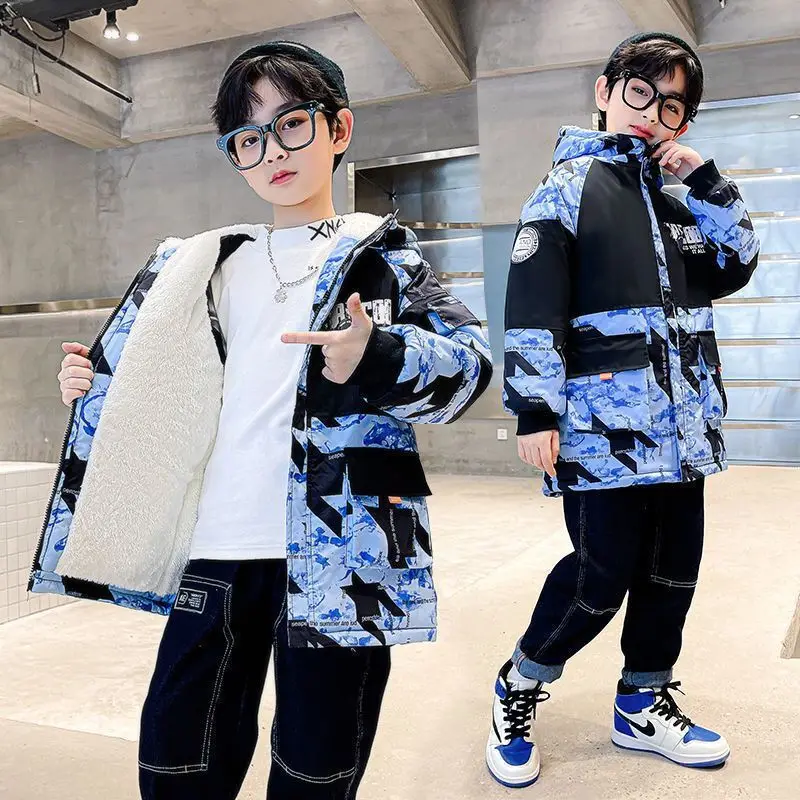 Boys Winter Jacket Children Camouflage Hooded Outwear Kids Thicken Warm Plus Velvet Coat for Boys 4 6 8 10 12 14 Years
