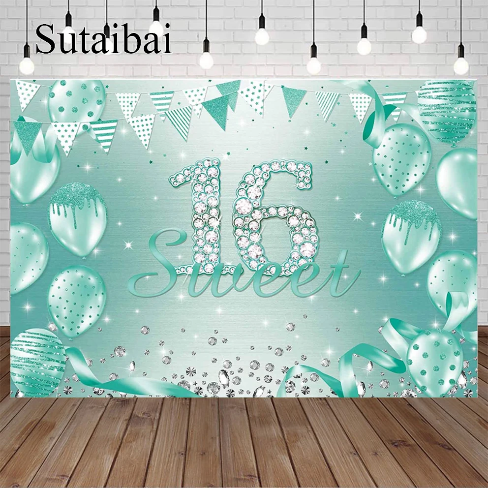 

Turquoise Sweet 16th Birthday Party Backdrop Sixteen Bday Girl Princess Event Banner Decor Balloons Diamond Background