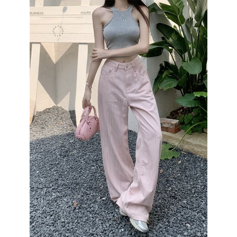 Jeans a righe rosa testurizzati per donna Pantaloni lunghi casual dritti a vita alta sottili estivi