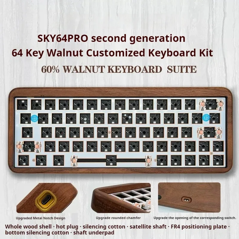 New 61 Key Mechanical Keyboard Kit Walnut Shell Second Generation Upgrade Customized Three Models Hot Swappable Rgb Color Light