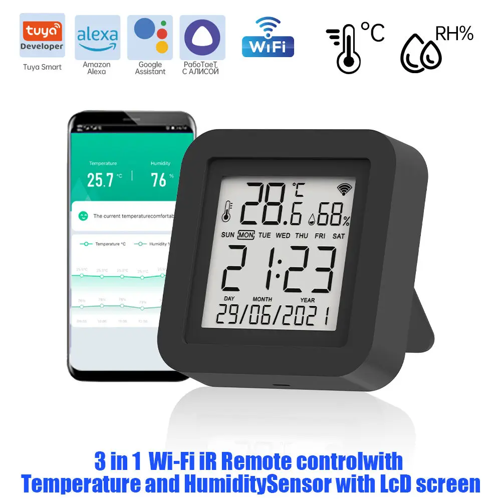 

SIXWGH 3-in-1 Smart Home Automation Device Tuya Wi-Fi IR Remote Control LCD Screen Temperature Humidity Sensor Voice Control