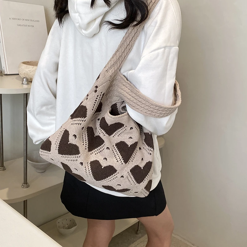 Heart Knited Women's Bag Y2K Crochet Rope Shoulder Bag Sweet Knitt Eco Bag Korean Shopping Female Knitting Handbag Hook Tote Sac
