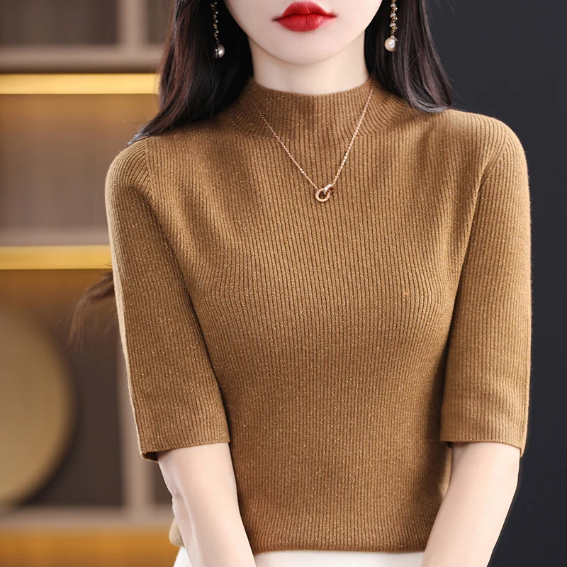 Spring Summer New Women Half Sleeve Sweater Half-high Collar Slim Wool Cotton Blend Pullover T-shirt Casual Knitted Base Tops