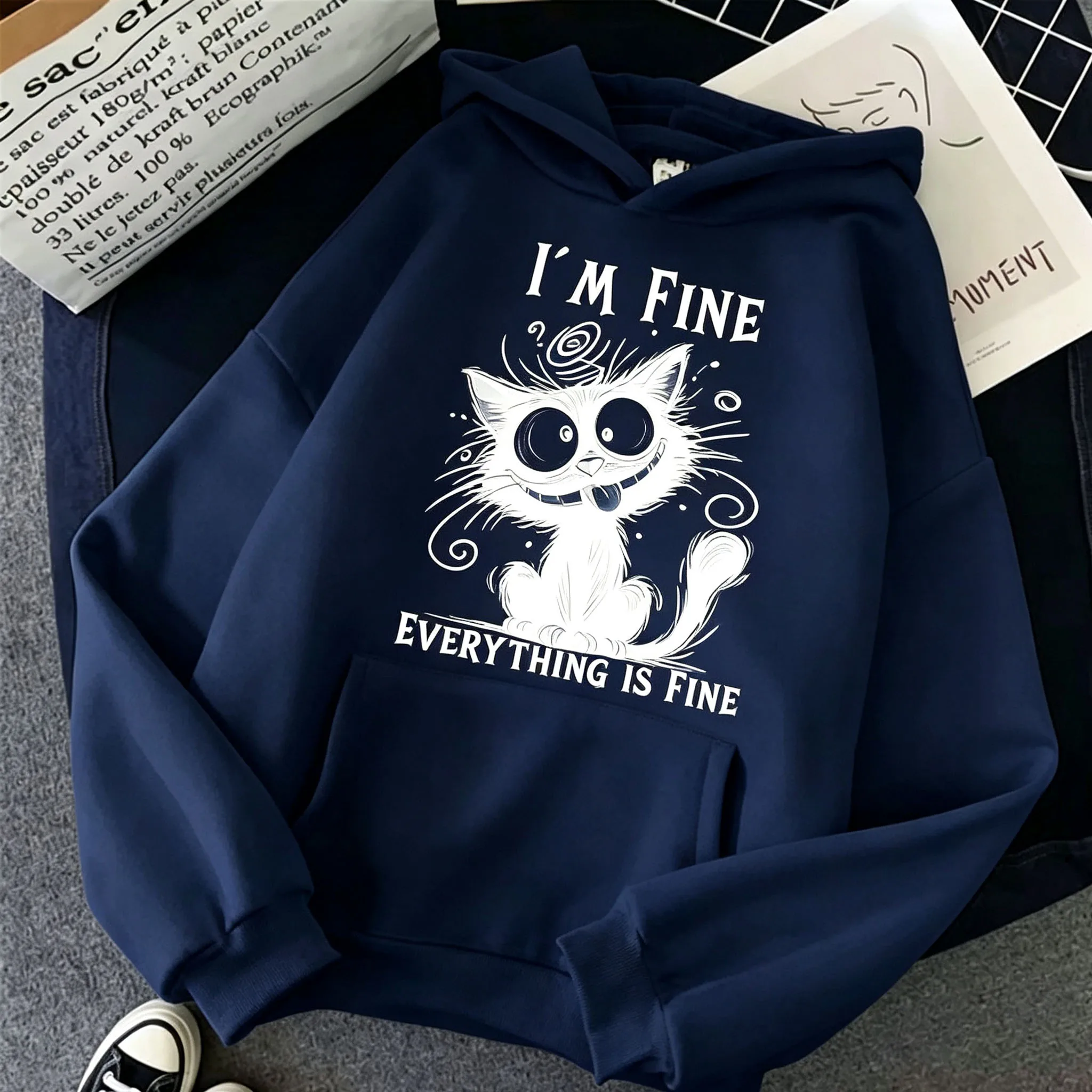 Damen „I'm Fine Everything Is Fine“ Schwarzer Katzen-Hoodie Lässiger Loser Langarm-Kapuzenpullover Lustiger Cartoon-Pullover Streetwear – Detail 12
